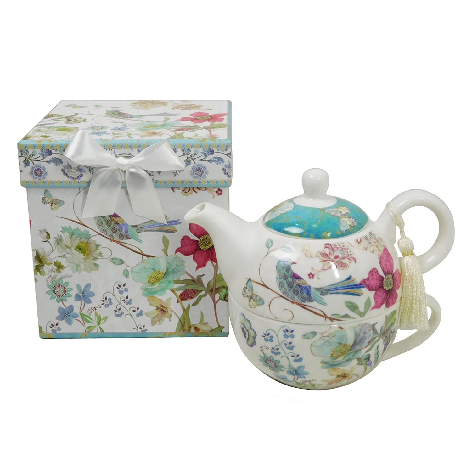 Bone China Tea for One Set in Blue Bird Design, in attractive Reusable Handmade Gift Box (With Ribbon), Blue