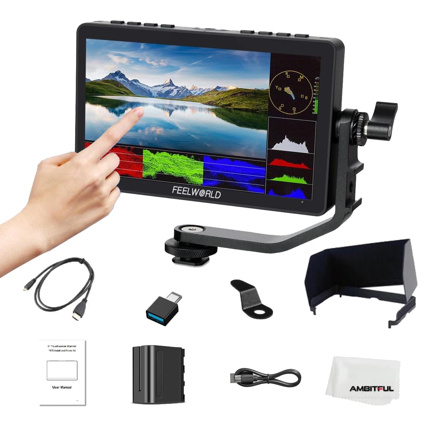 FeelworldF5 Pro V4 6 Inch Touch Screen 3D LUT, IPS FHD 1920 x 1152 DSLR Camera Field Monitor with Power Output F970 Install and Power Kit to External Wireless Transmission LED Light
