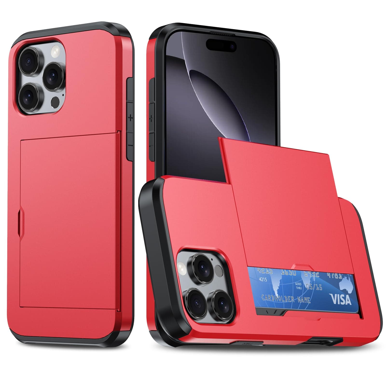 Compatible with iPhone 16 Pro Case with Card Holder Dual Layer Heavy Duty Protective Shockproof Hidden Card Slot Slim Wallet Phone Cover for 16 Pro for Women&Men 6.3 inch Red