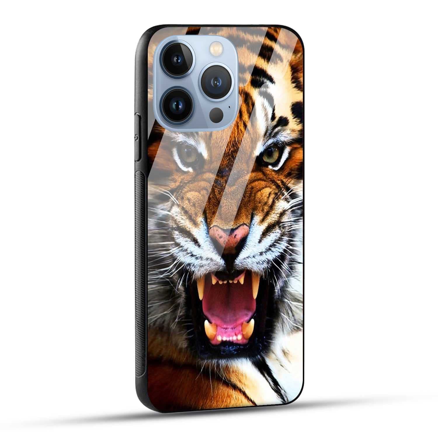 NDCOM for Angry Tiger Printed Glass Case Cover for iPhone 13 Pro