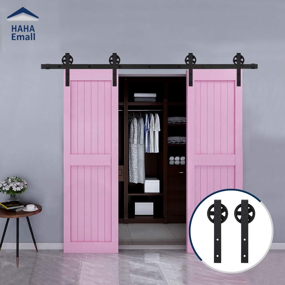 Hahaemall Wood Double Sliding Barn Door Hardware Basic Black Big Spoke Wheel Roller Kit Garage Closet Carbon Steel Flat Track System (15FT / 4.6m)
