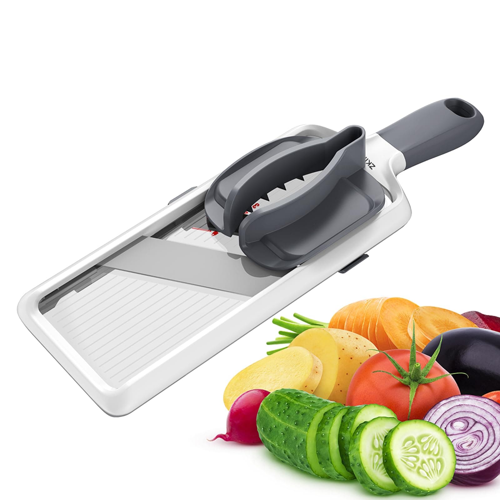 ZKIRON Handheld Mandoline Slicer for Kitchen - Adjustable 3-Thickness Vegetable Slicer (1mm-3mm) with Food Holder - Safe Potato Slicer & Cucumber Cutter for Salad, Easy to Clean (Gray)