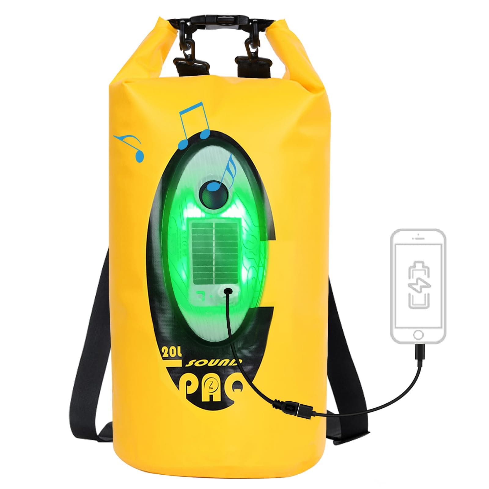 QoolifeDry Bag Waterproof with Solar Bluetooth Speaker & Light - 20L Roll Top Dry Sack Keeps Gear Dry for Men Women Kayaking, Beach, Rafting, Boating, Hiking, Camping and Fishing (Yellow-BL)