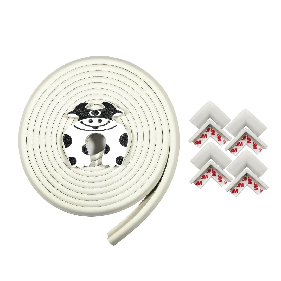 BabySafeHouse Edge Guard and Corner Protector – Extra Long 19ft (16.5ft Edge + 8 Pre-Taped Corner Guards) and Cow Shape Door Stopper (White Color) for Baby Proofing & Child Safety (BSH-COMBO-5M-WHITE)