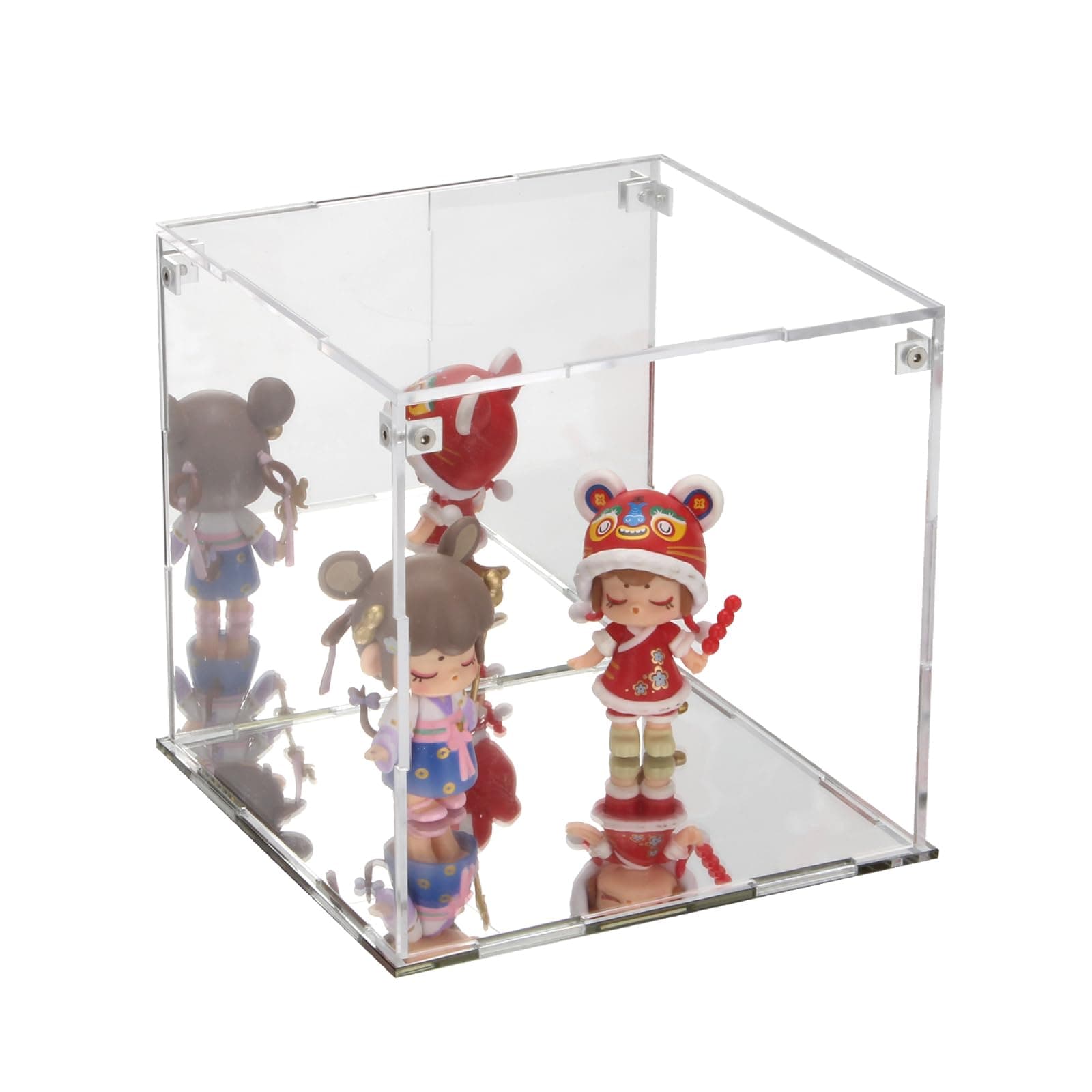Self-Assemble Acrylic Display Case with Mirrored Back, Clear Action Figure Storage Display Box with Mirrored Base Stand, Cube Storage Containers for Home Office Collectibles, 6x6x6Inch
