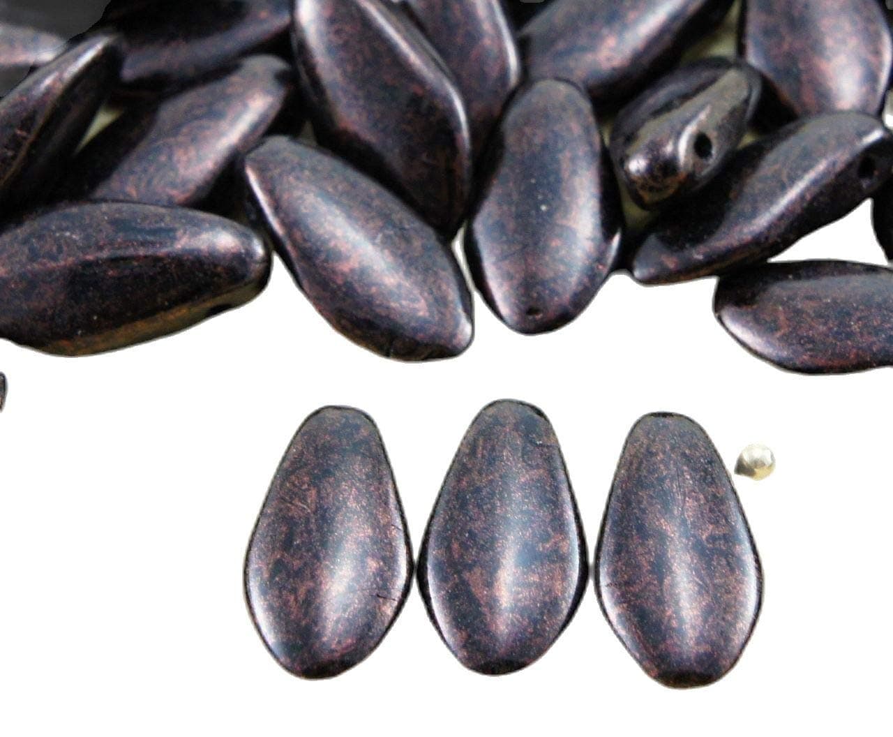 30pcs Opaque Jet Black Brown Copper Marble Stardust Dagger Flat Leaf Petal Czech Glass Beads 12mm x 6mm