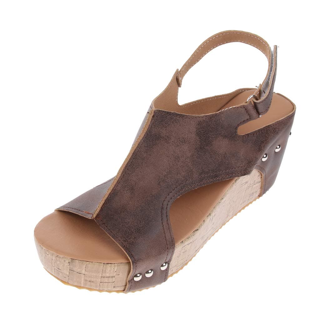 COMBRWomens Retro Studded Leather Platform Wedge Sandal Open Toe Side Cutout 41 Brown