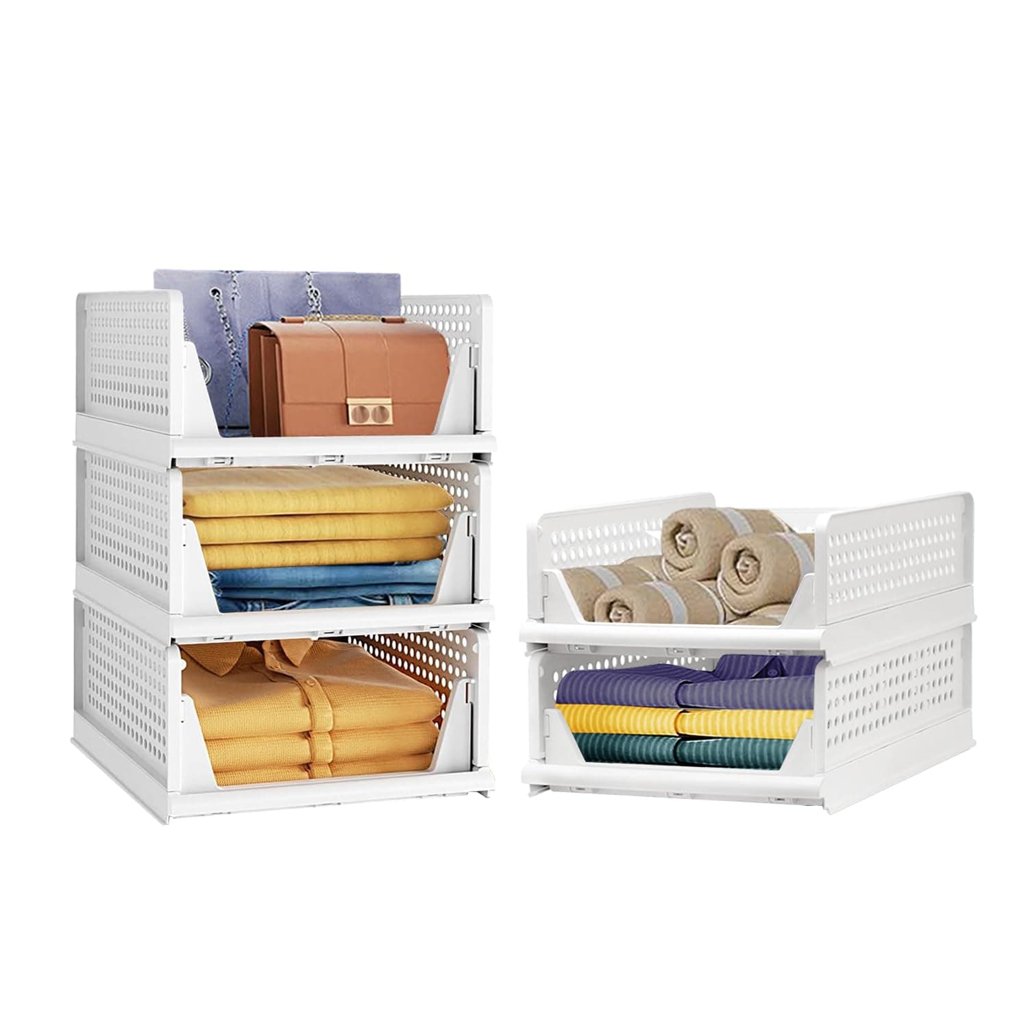 Wardrobe Closet Organizers (3 Large + 2 Small) for Clothes | Foldable Stackable Multipurpose Storage Baskets | Cupboard Almirah Space Organizer with Adjustable Sliding Drawer Design