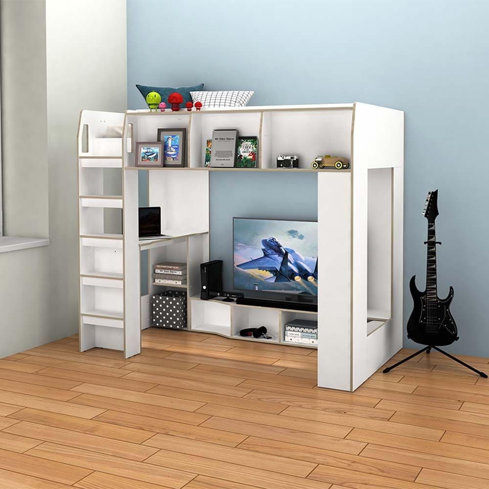 Danube Home Kinder 90X190 Loft Bunk Bed With Study Desk & Storage | Sturdy Modern Design Wooden Single Bed Frame Furniture | Made In Malaysia L195.4xW113xH170cm - White & Sonoma Oak