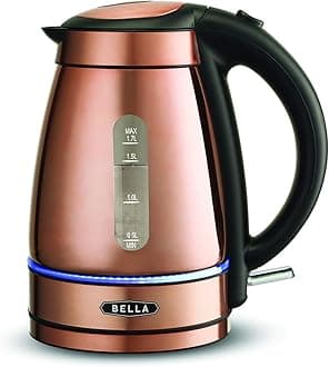BELLA 1.7 Liter Electric Illuminated Glass Kettle, Quickly Boil Water for Tea, Coffee, Instant Soup and More, Safely Pour with Automatic Shut Off & Detachable Swivel Base, Chrome/Copper Finish