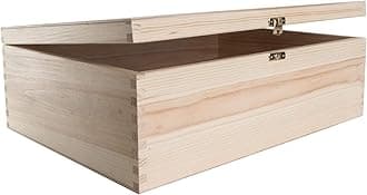 WooDeeDoo Large Rectangular Wooden Storage Box with Hinged Lid and Clasp – 40 x 30 x 13.5 cm – Pine Craft Case for A4 Files Keepsakes Photos Stationery Decoration
