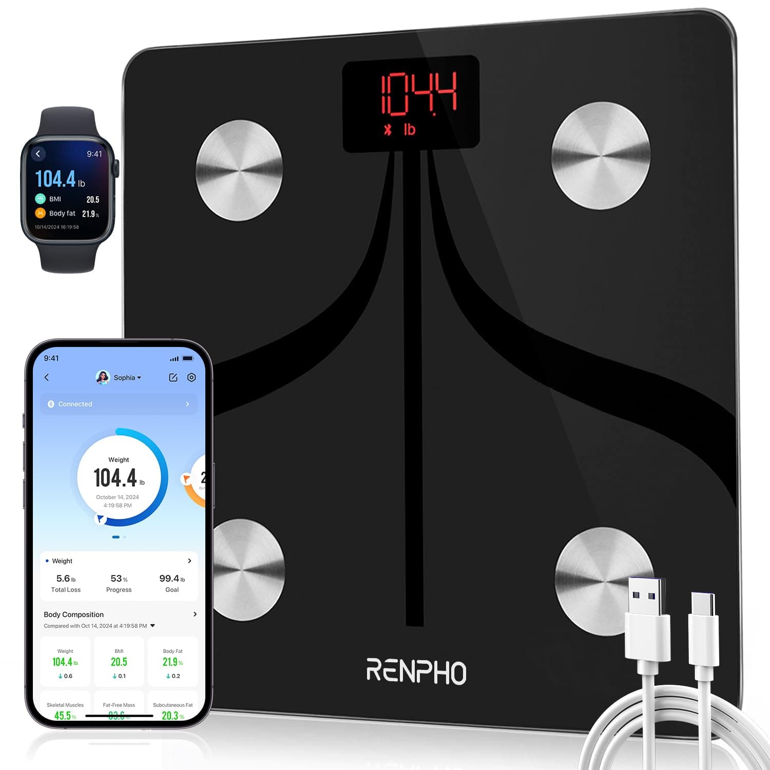 Bluetooth Smart Body Fat Scale by RENPHO, USB Rechargeable Digital Bathroom Weight Scale with iOS & Android app Wireless Body Fat Scale for Body Weight, Body Fat%, Bmi, Water, Muscle Mass, 396 lbs