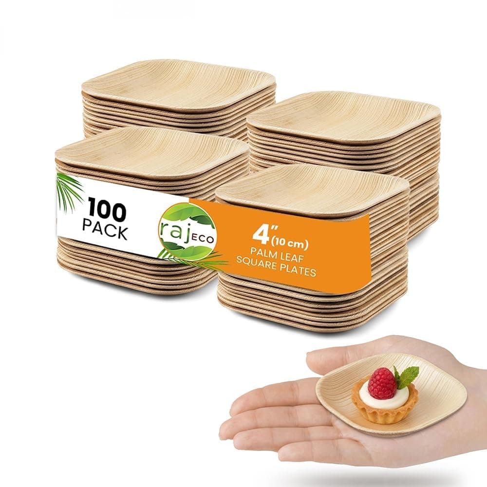 – Raj Eco Compostable Mini Palm Leaf Plates Disposable - 4 Inch (10 cm) Square 100 Mini Party Plate, Natural Wooden, Eco-Friendly, Fancy Biodegradable & Disposable Wedding Picnic