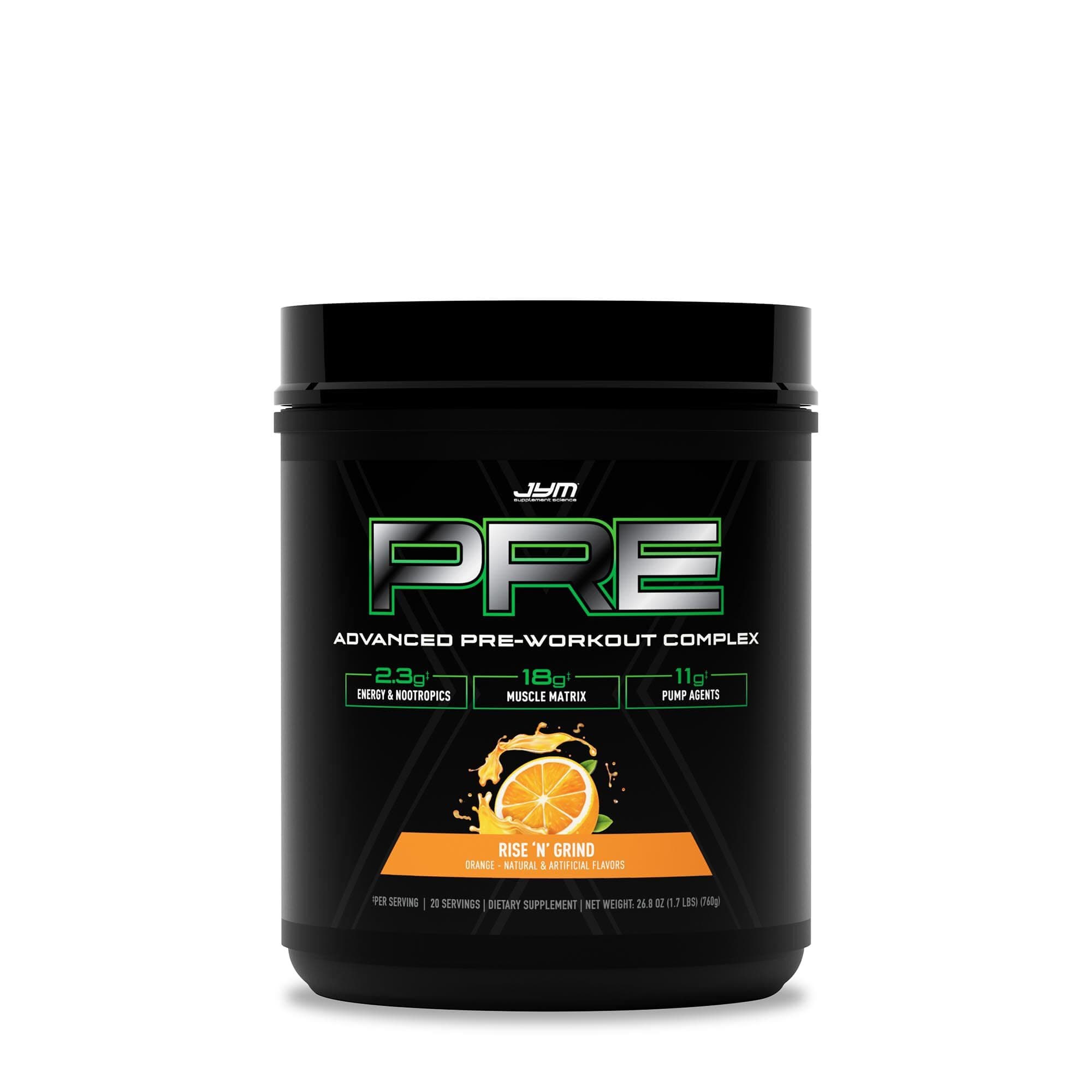 Pre JYM X Rise N' Grind Advanced Pre-Workout Powder Massive Pumps, Citrulline Nitrate, Dynamine, NO3T Betaine, BCAA’s, Nootropics, Creatine, Beta-Alanine, JYM Supplement Science, 20 Servings