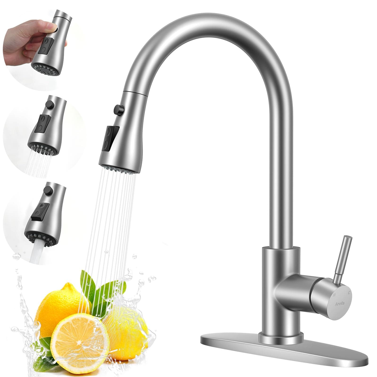 Arofa Kitchen Tap Faucet with Pull Down Sprayer, Brushed Nickel Kitchen Sink Faucet Single Handle Stainless Steel for 1 or 3 Hole Farmhouse Laundry Utility Rv Bar Sinks