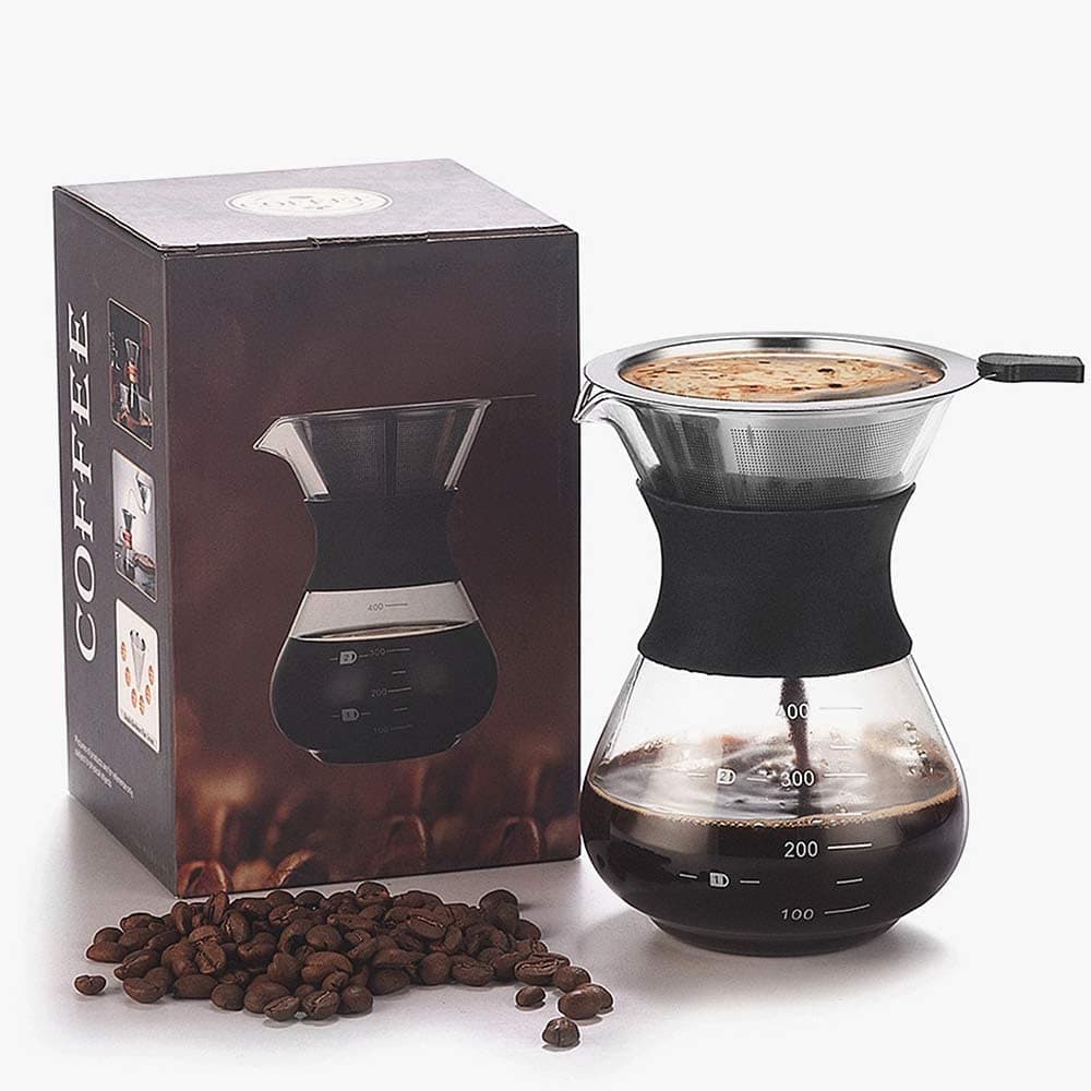 Pour Over Coffee Maker Set-Pour Over Coffee Dripper with Reusable Stainless Steel Drip Filter Elegant Coffee Dripper Pot Glass Carafe & Permanent Stainless Steel Filter