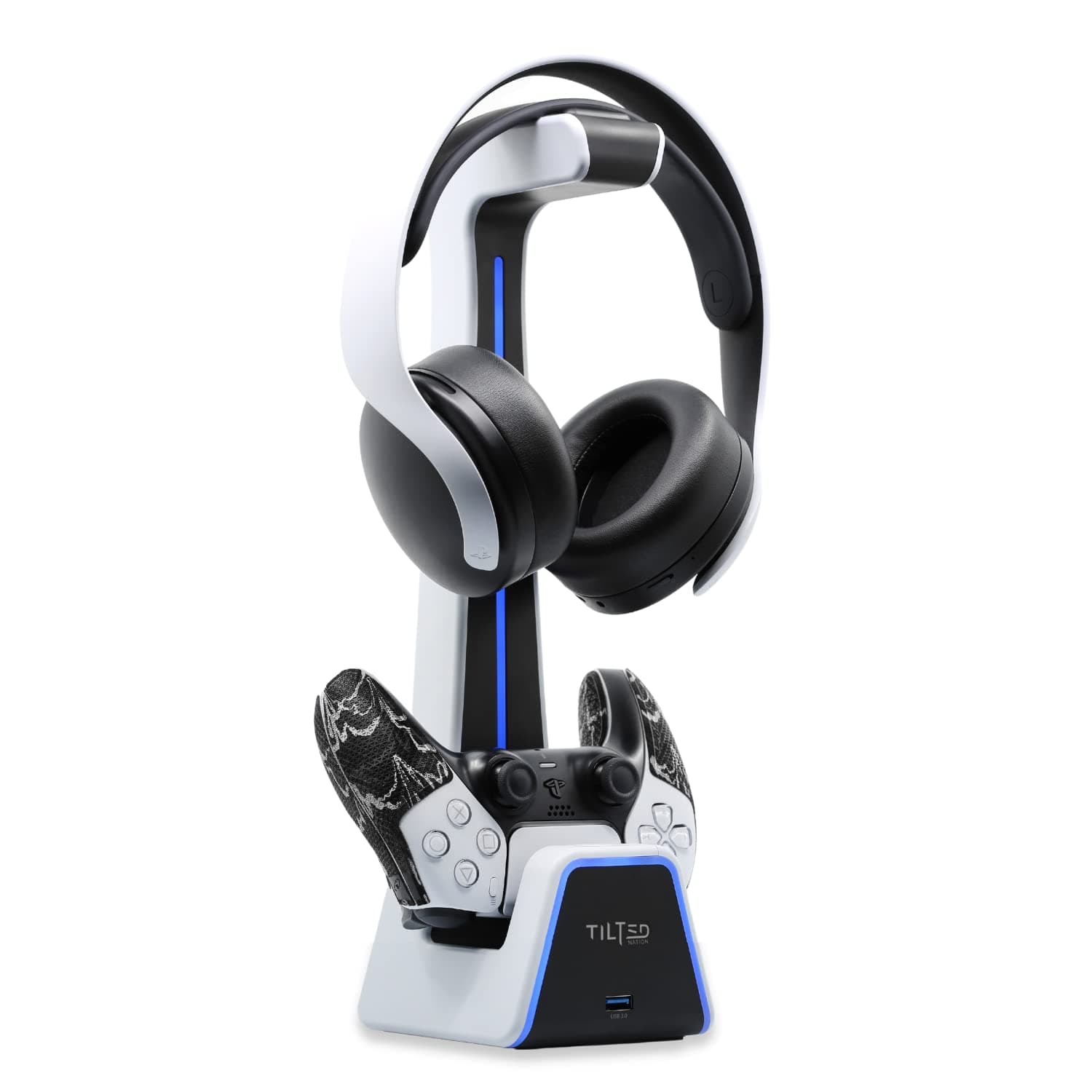 Tilted Nation Gaming Headset and Controller Stand | Premium PS5 Accessories (Clean Space with Charging Station) Headphone and Controller Holder for Desk, PlayStation 5, Xbox Game,