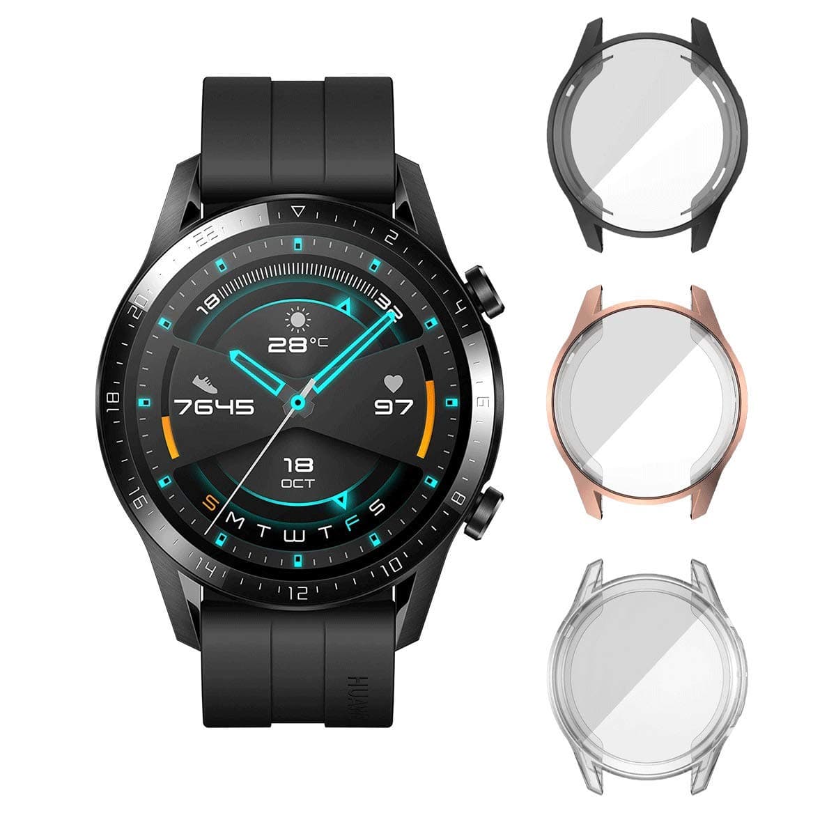 [3-Pack] ELYCO for HUAWEI Watch GT 2 46mm Screen Protector, TPU Scratch-Resist Frame Protective Cover Full Coverage Case for HUAWEI Watch GT 2 46mm (Black+Rose Gold+Clear)