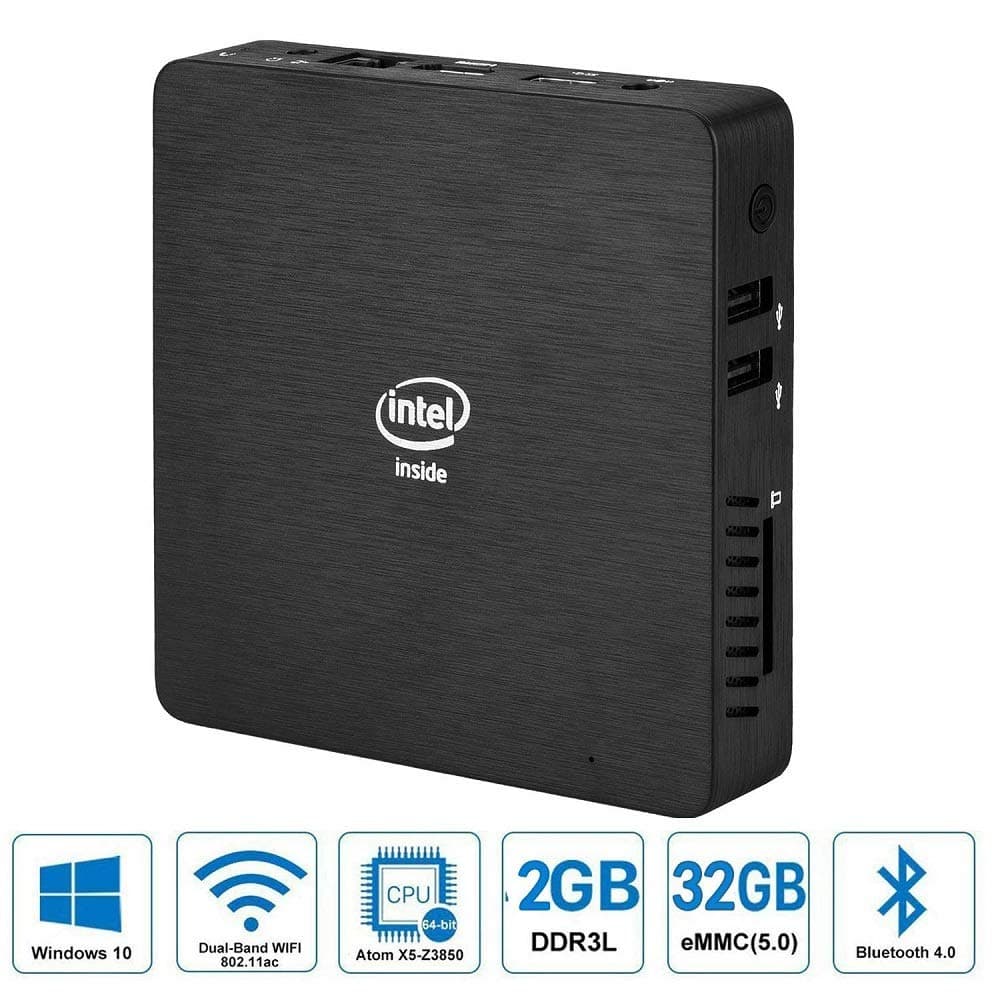 Fanless Mini PC, Intel x5-Z8350 HD Graphics Desktop Mini Computer Windows 10 64-bit, DDR3L 2GB 32GB eMMC Built-in 2.4G/5G WiFi/BT 4.0/1000M LAN/HDMI/VGA