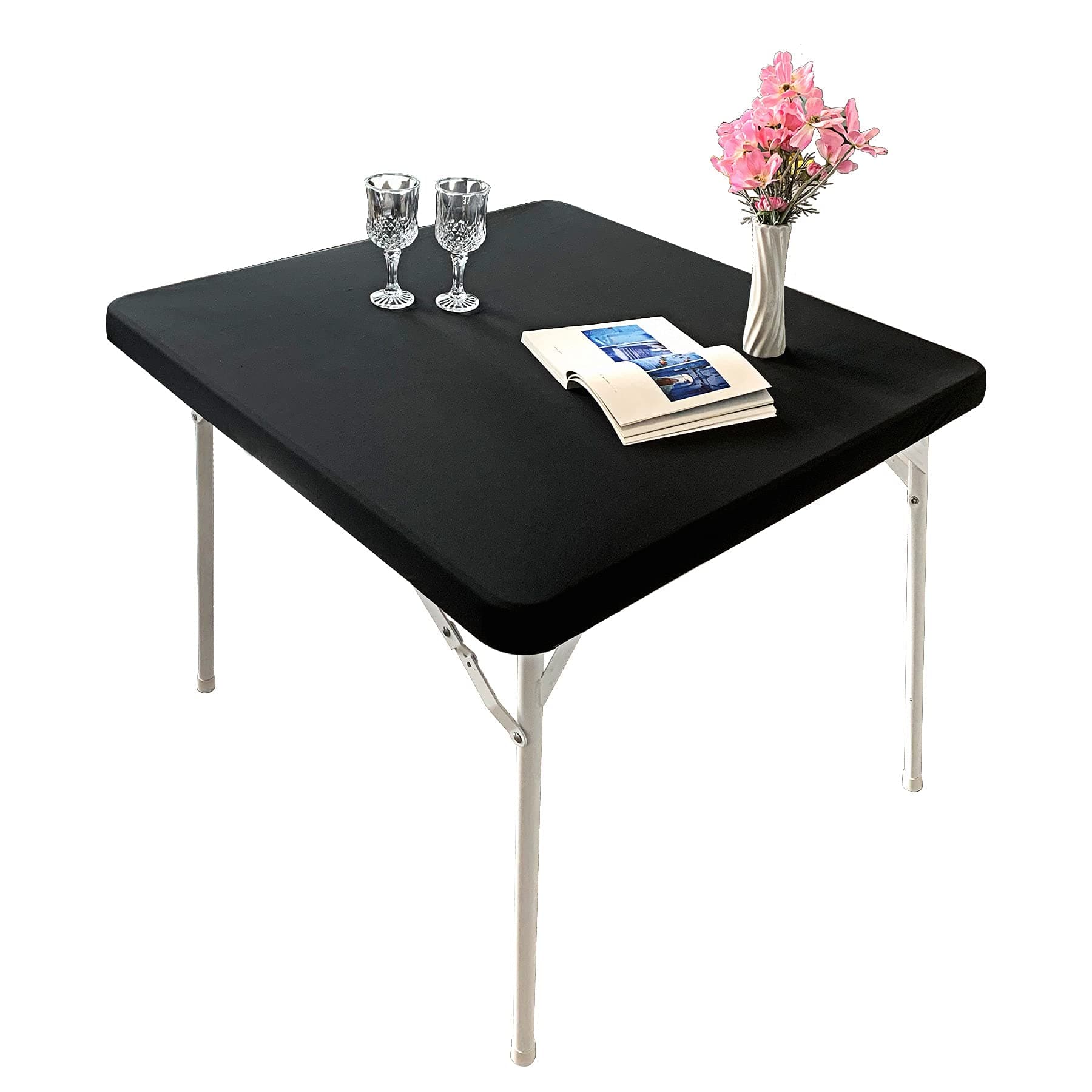 Cocktail Fitted Spandex Stretch Square Table Covers Caps Elastic Square Tablecloth Black Table Topper 34x34 Inch