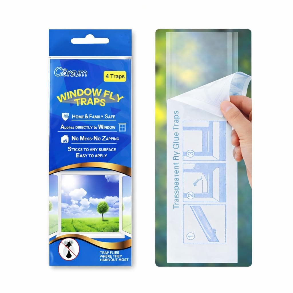 Garsum Window Fly Traps Indoor, Fly Paper Bug Sticky Strips, House Fly Killer Window Decal Non-Toxic，12 Pack