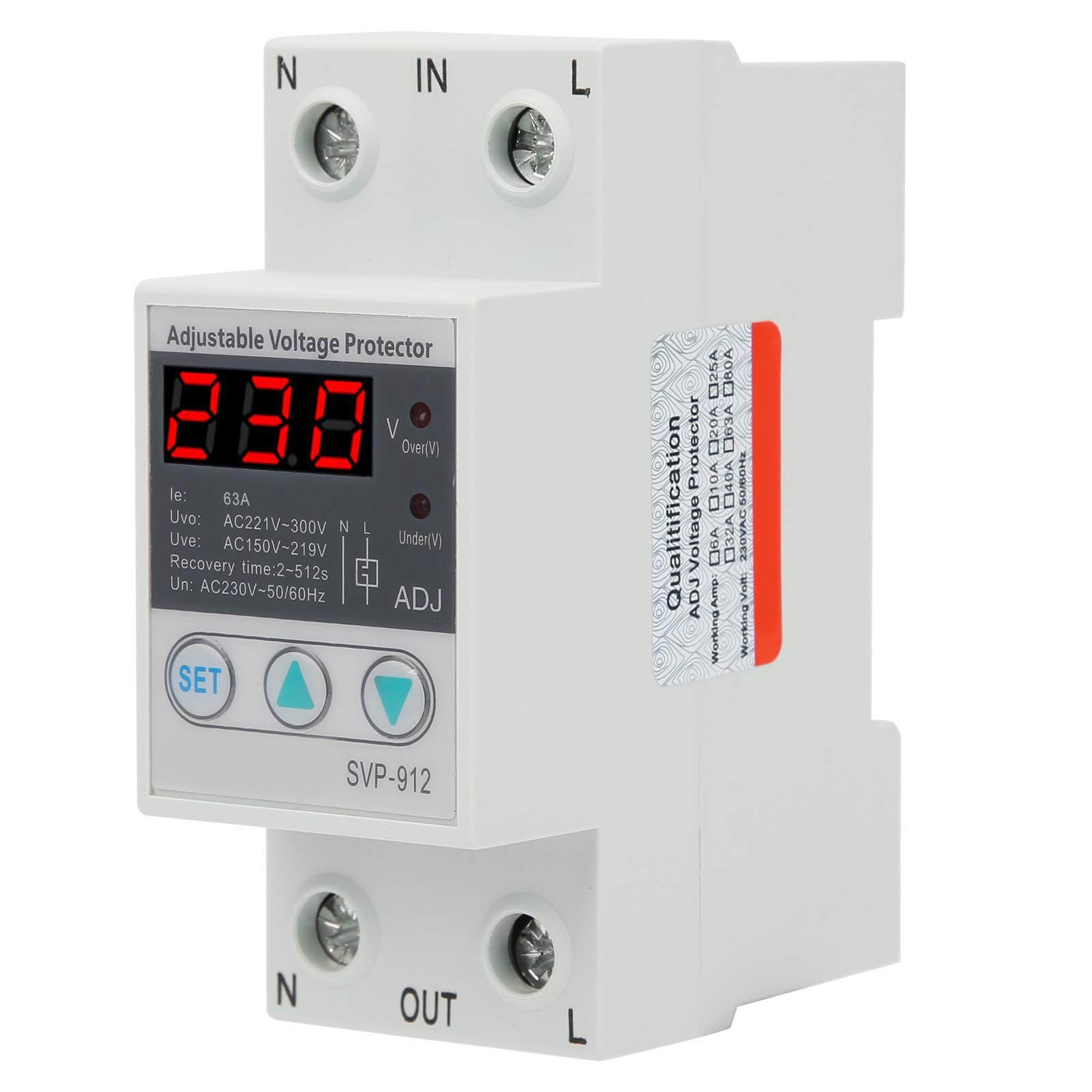Walfront SVP-912 Under Over Voltage Protector Adjustable Recovery Protective Relay Voltmeter Voltage Protective Voltmeter(63A)