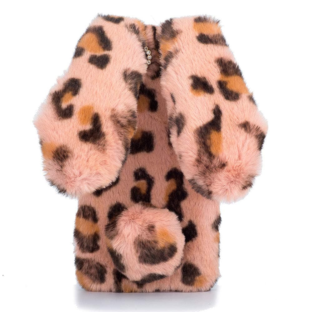 HongHushop Cute Rabbit Case Plush Cover for iPhone XR Case Super Soft Warm Fluffy Furry Bunny Ears Shockproof Back Case Cover Chic Bling Crystal Diamond Bowknot Case -pink leopard