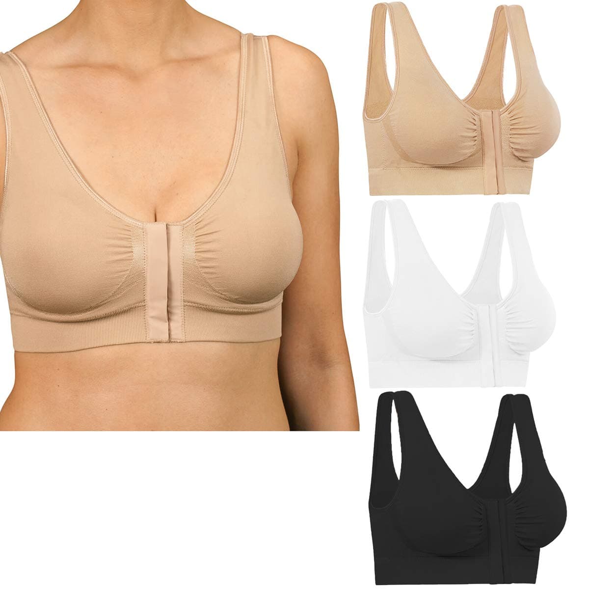 Miracle Bamboo 3 Pack Deluxe Bras Front Closure Sleep High Impact Compression Fit Post Surgery Bras, Mastectomy, Minimizing Beige