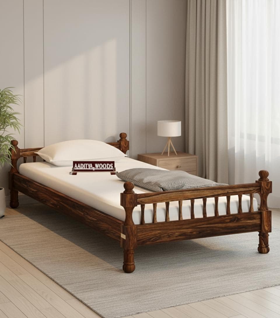 Solid Sheesham Wood Single Bed Cot Without Storage | Single Size Bed for Bedroom | Multipurpose Use Bed- Teak 6