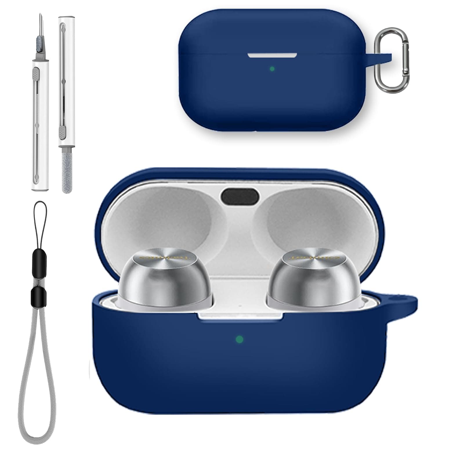 for Technics EAH-AZ100 Case Cover with Cleaner Kit, Soft Skin Silicone Case Cover with Keychain and Lanyard,Full Protective Case for Men and Women-Blue