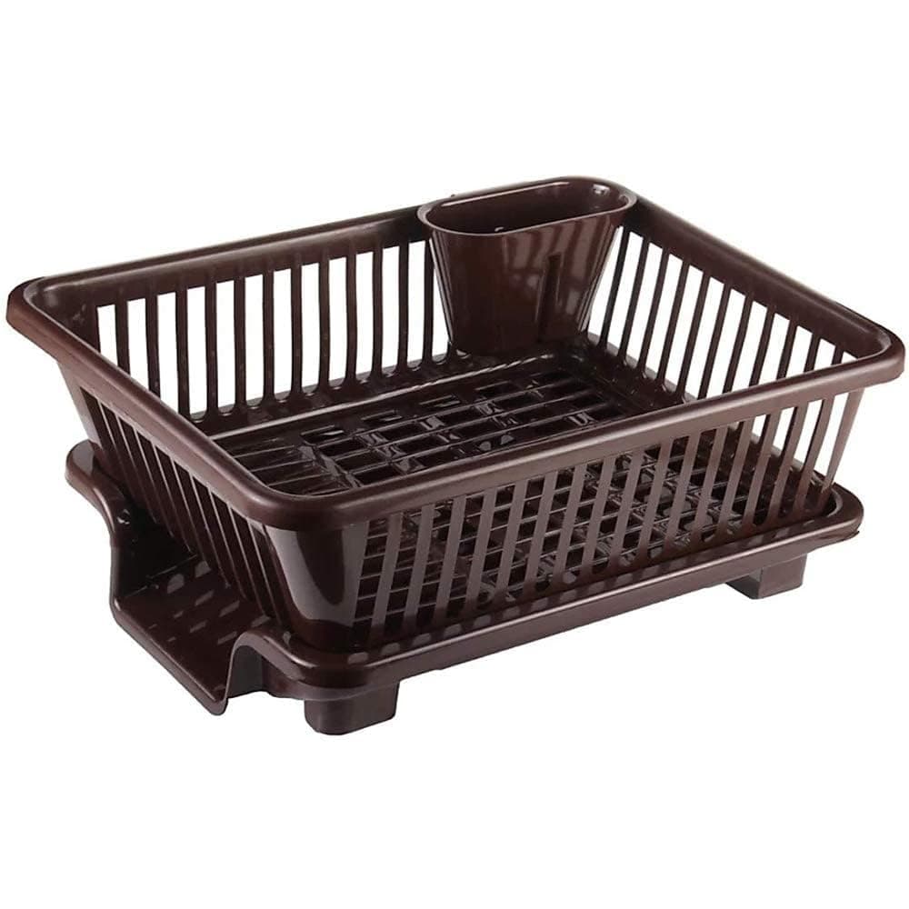 Kitchenwell Sink Dish Rack | 3 in 1 Large Durable Plastic Drainer Drying Rack Washing Basket with Tray | Dish Rack Organizers Utensils Tools Cutlery | Brown, Pack of 1