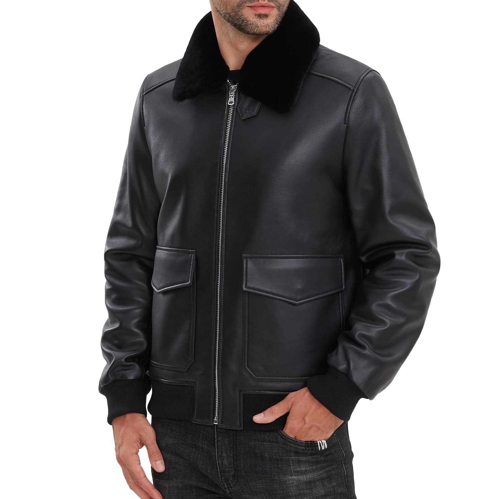Leather Jacket Men,Lambskin Bomber Jacket with Removable Real Fur Collar,Front Zip Closure, Multiple Pockets