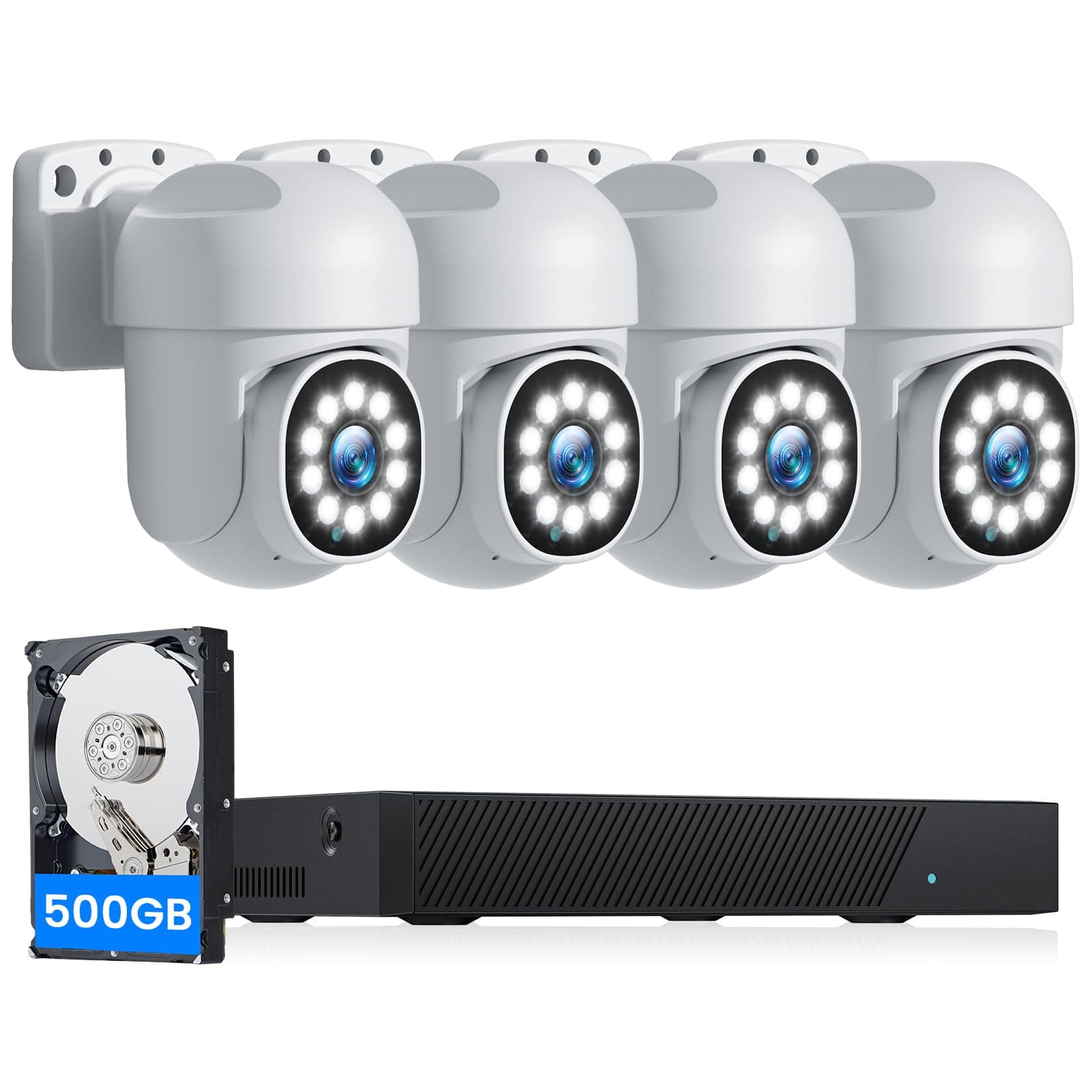 Camcamp 5MP 8CH PoE CCTV Camera System with Auto Tracking, 4K NVR with 500GB HDD & 4 Outdoor PTZ Cameras, Color Night Vision, Two-Way Audio, 24/7 Recording
