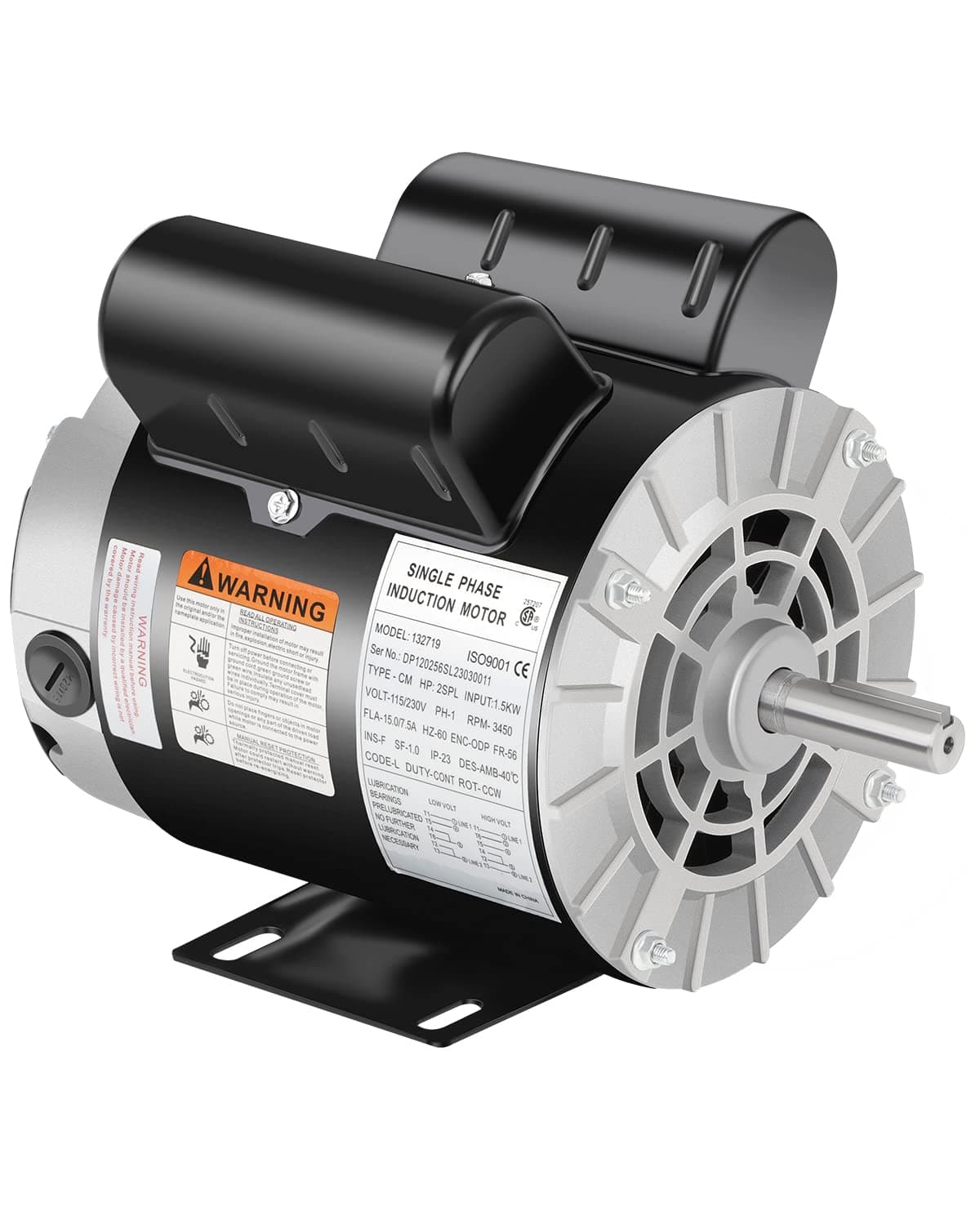 2 HP SPL Air Compressor Motor, Single Phase Electric Motor, 3450 RPM 115/230V, 56 Frame 5/8 Keyed Shaft 60 HZ