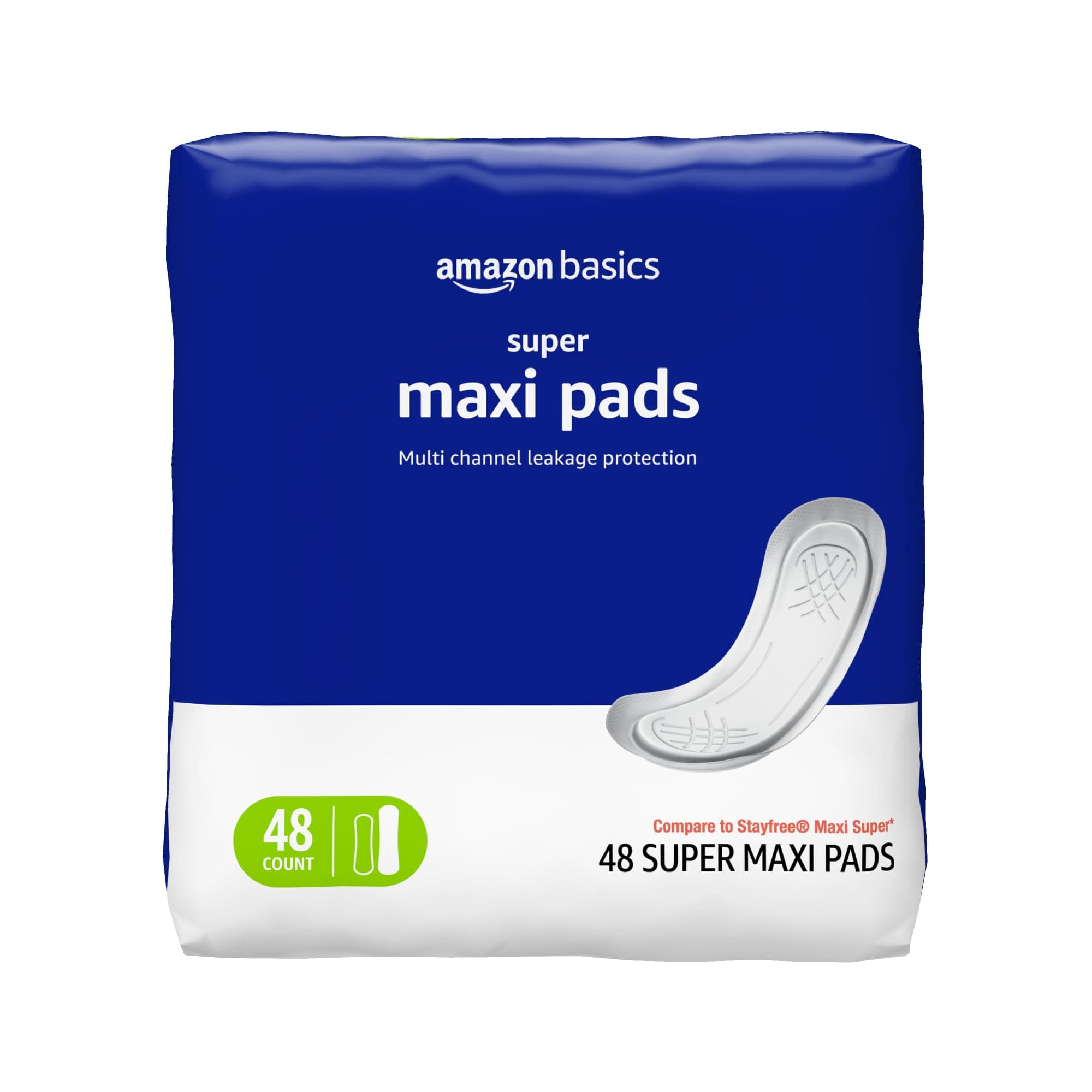 Amazon Basics Maxi Pads For Periods- Thick, Super Absorbency, Unscented, 48 Count, 1 Pack