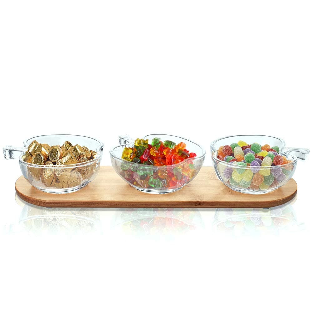 Small Side Dish Bowls Set 4oz, 3 Apple Shaped Clear Glass Bowls on Bamboo Tray for Serving Snacks, Appetizers, Candy, Nuts and Dips
