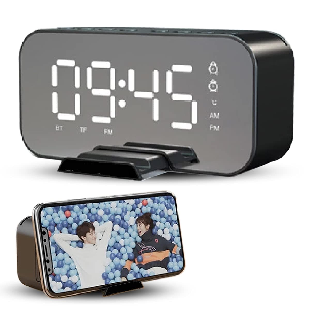 WALKENT Home Digital LED Clock (Black,Plastic) Bluetooth Speaker, Dual Alarm, Temperature Sensor & Display, Mobile Phone Holder, FM Radio(1.5Wx2.0Lx2.8H inches)