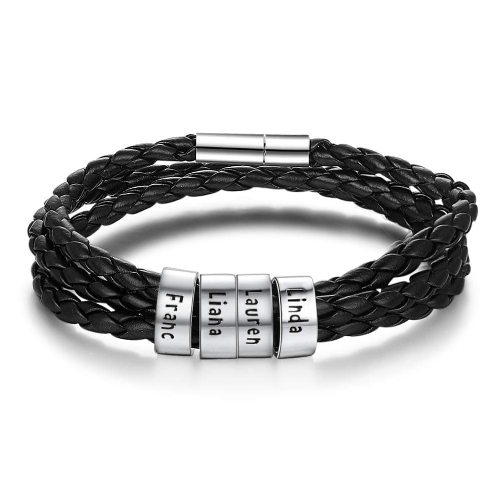 Personalized Men Black Braid Bracelet Custom Bracelet for Men Custom Beads Men's ID Bracelet Father Day Gift