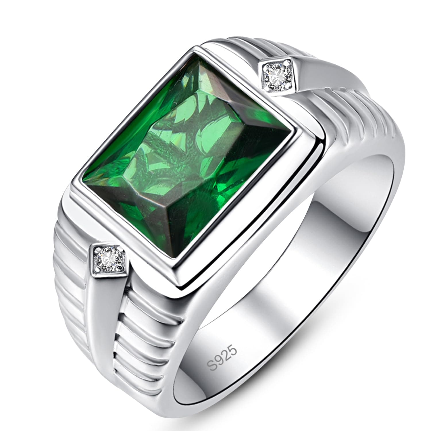5.3ct Emerald Ring for Men - 8X10mm Rectangle Cut Green Stone With Paved White Cubic Zirconia - 925 Sterling Silver Wedding Engagement Band - 11mm Gemstone Ring Size 7