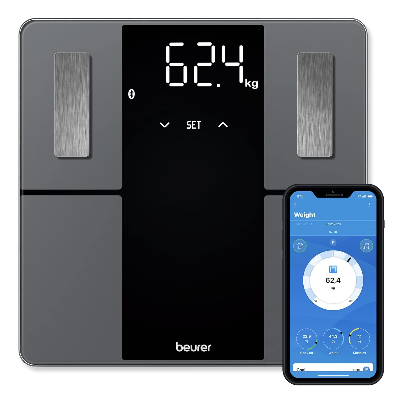BF 500 personal scale with Bluetooth & app, digital body fat scale with measurement of body fat, muscle mass, calorie requirement etc. data transfer to Apple Health & co., up to 180 kg
