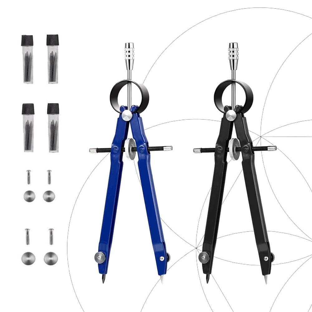 EVNEED 2 Pack Professional Metal Compass with Lock, 10 Inches in Diameter,Geometry Compass with Wheel for Math, Drawing, Drafting Includes Extra Lead Refills
