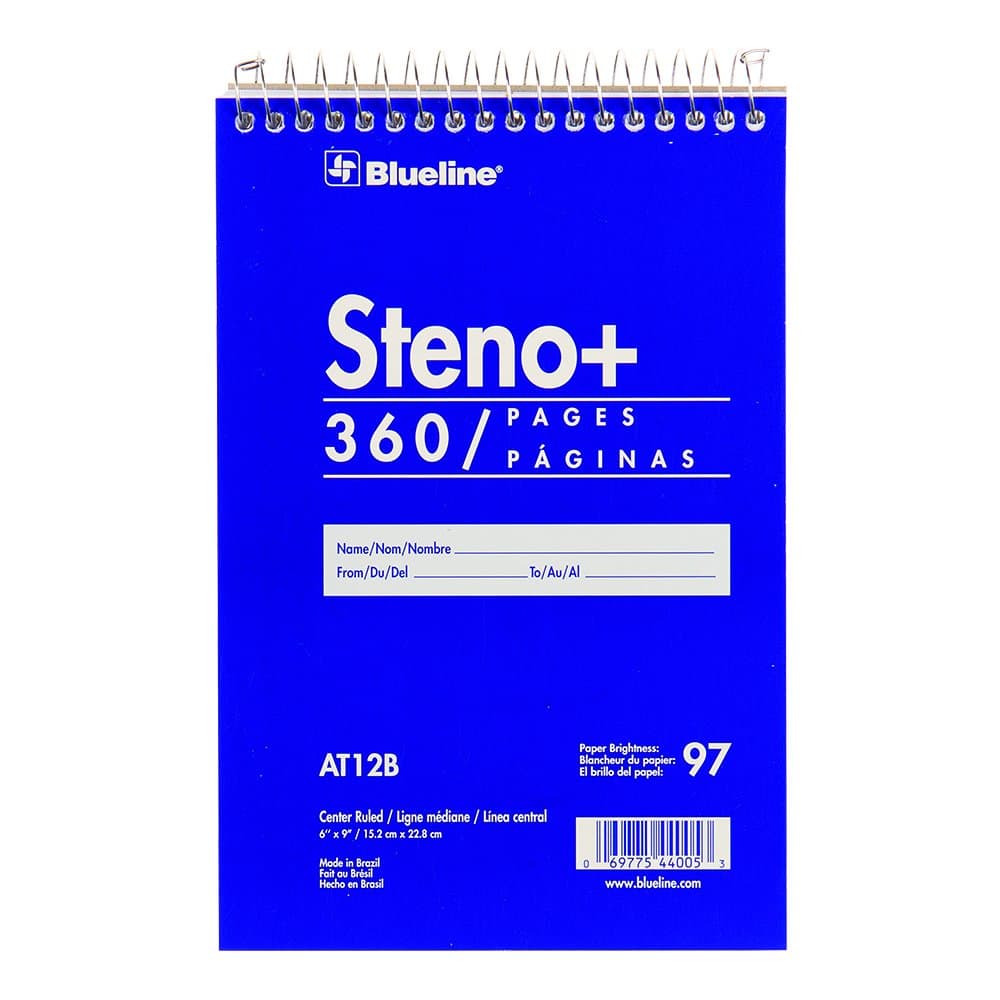 Blueline Steno Note Pad, Spiral Top Binding with Flexible Blue Cover, 6" x 9", 360 Pages (AT12B)