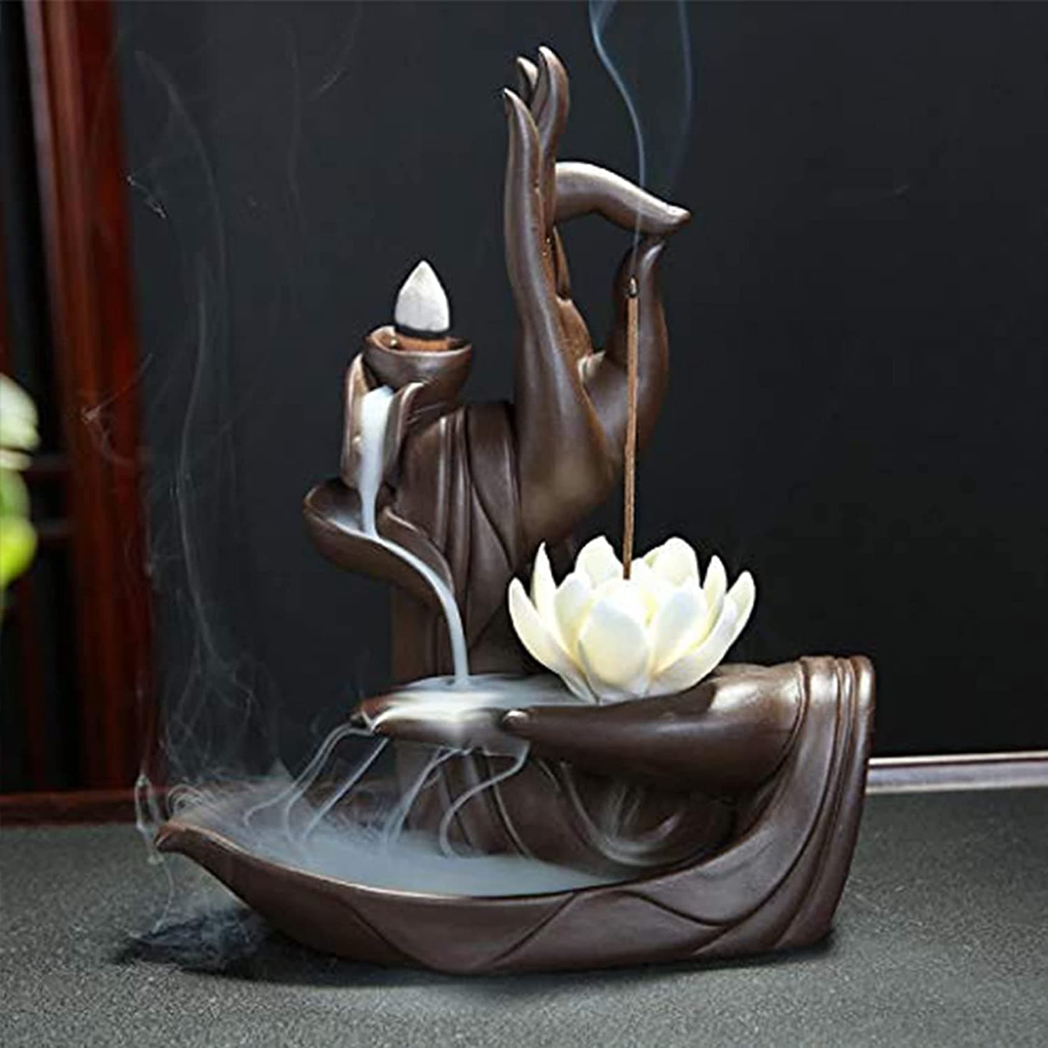 Lotus/Monk Incense Burner Backflow Incense Holder, Ceramic Handcrafted Backflow Incense Burner with 10PCS Incense Cones for Home Decor Yoga (Lotus)