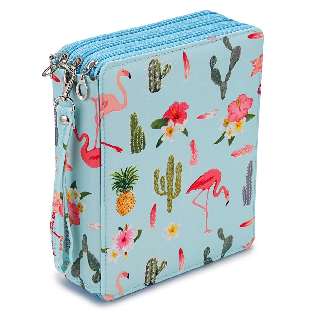 BTSKY Colored Pencil Case- 120 Slots Pencil Holder Pen Bag Large Capacity Pencil Organizer with Handle Strap Handy Colored Pencil Box with Printing Pattern Flamingo,Blue