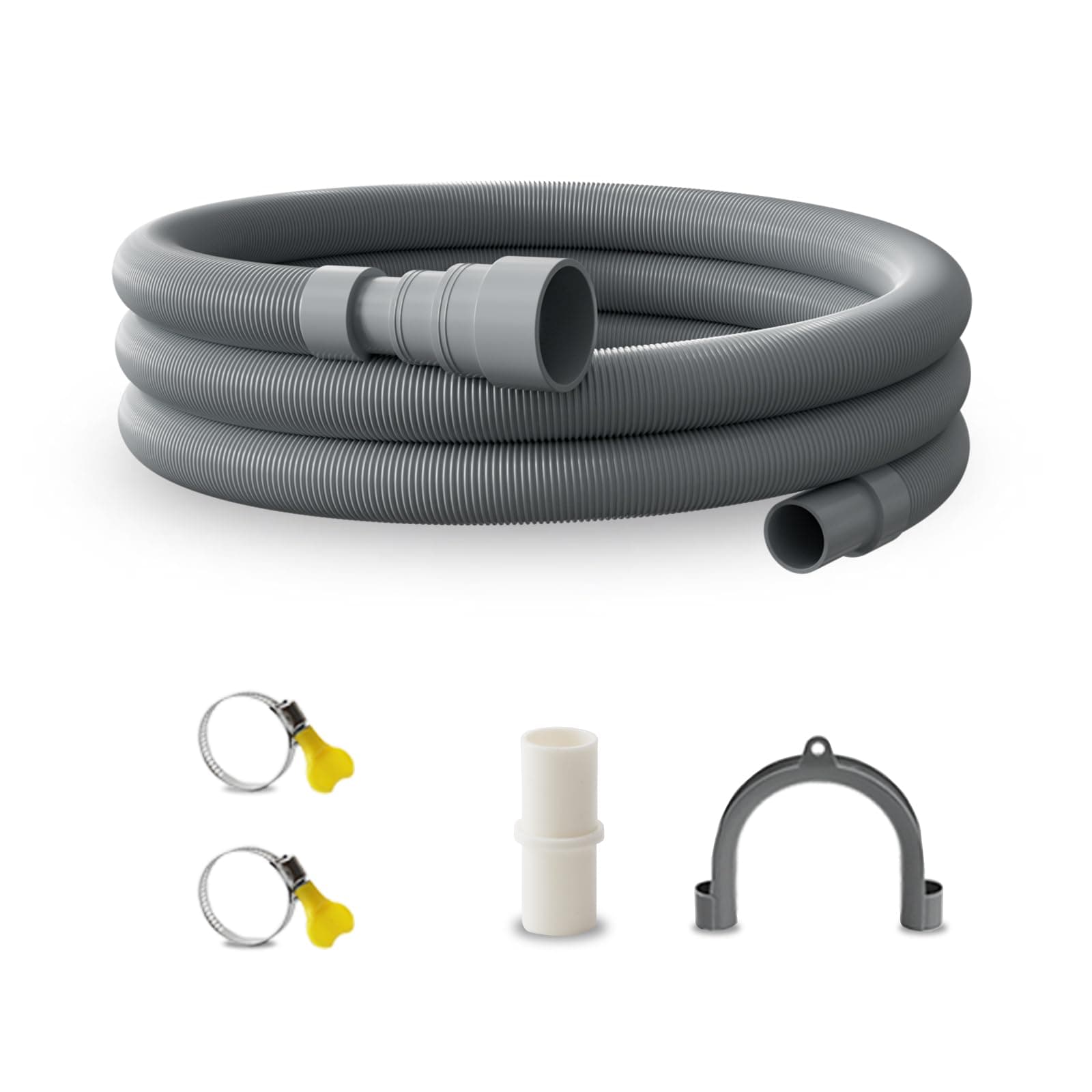 2-meter 6.6 FT universal washing machine dishwasher drain hose extension kit, including a 6.6 FT hose, 1 white extension joint, 2 steel clamps, and U-shaped elbow hose bracket
