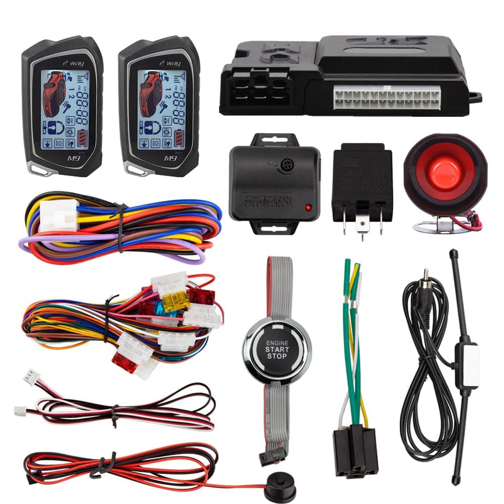 EASYGUARD EC207-M9-SR 2 Way Car Alarm Security Kit with LCD Pager Display Push Start Button Remote Engine Timer Engine Start with Siren DC12V