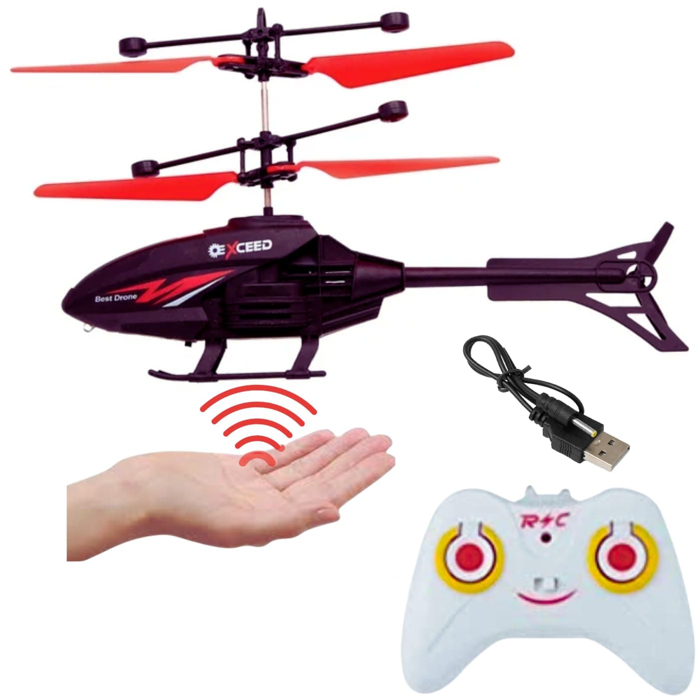 RC Helicopter with Hand Gravity Sensor, Flying Remote Control Toy, Charging with 3D Light & Safety Sensor for Kids Age 4+ Years I Pack of 1 (Black Red)