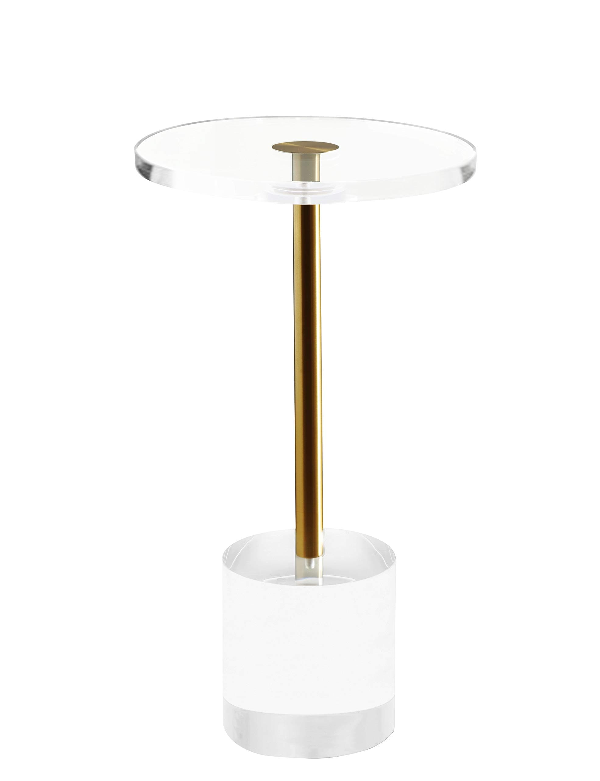 Clear Acrylic End Table,Side Table,Brushed Brass Metal,Round,for Office, Living Room and Bedroom,Easy Assembly,12x12 inch，21.3 inch high