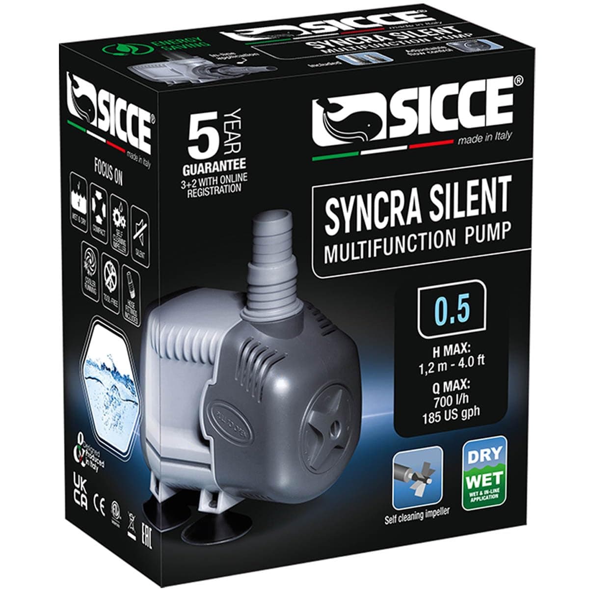 Syncra Silent 0.5 Multifunction 185 GPH Submersible Water Pump | Italian Made 8W Ultra Quiet Durable for Aquarium Fish Tank, Fountain, Pond, Hydroponics, Terrarium Black | Freshwater & Saltwater