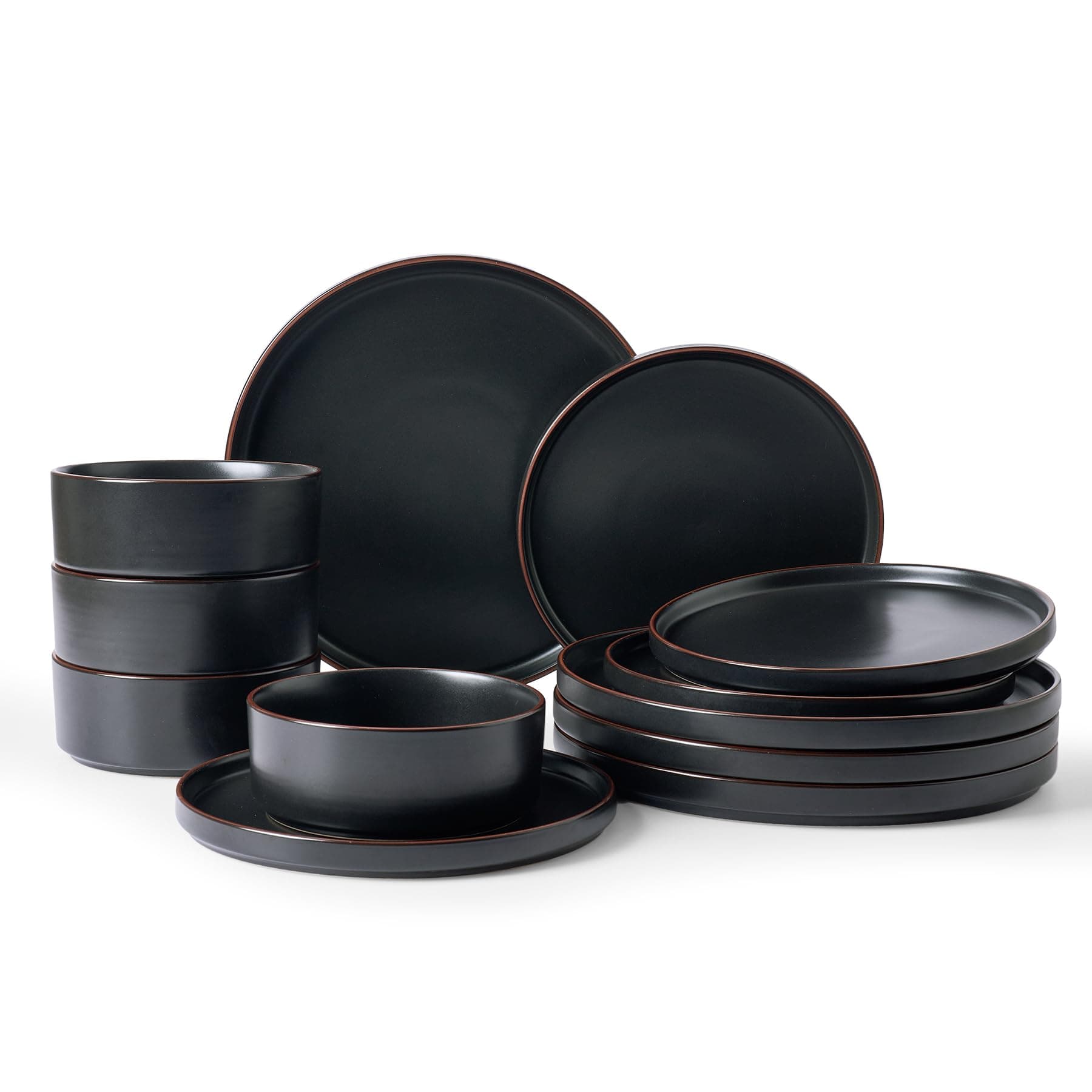 Nebula Ridge Stoneware Dinnerware Sets, Plates and Bowls Sets for 4, 12 Pieces Dishes Set, Microwave and Dishwasher Safe Kitchen Plates, Matte Black